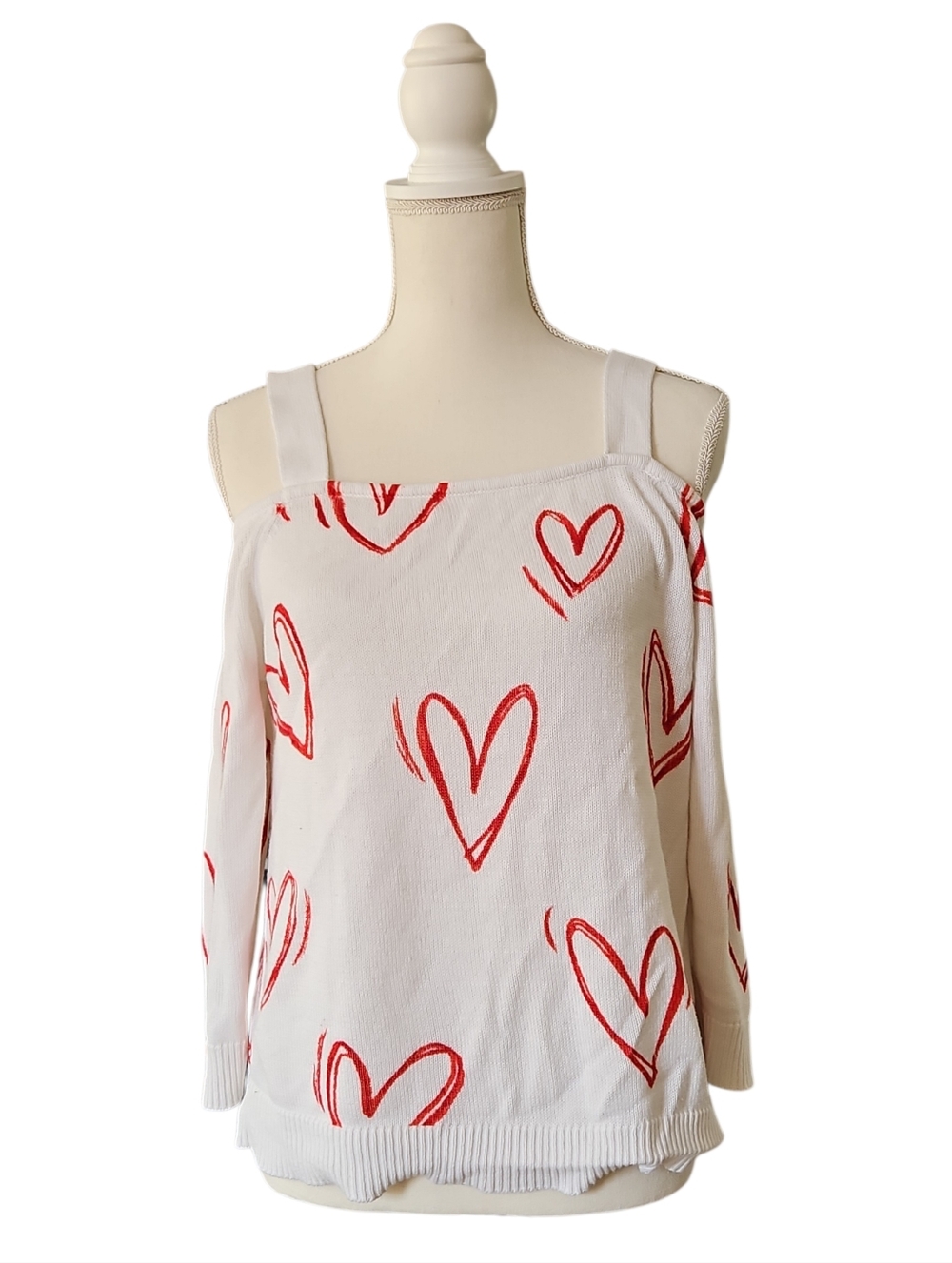 Chic Off-Shoulder Heart Print Sweater - White & Red New York & Company M